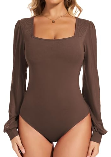 Joyshaper Women Bodysuit Mesh Puff Long Sleeve Leotard Tops Square Neck Body Suit Ladies Going Out Blouses Shirts Brown,L