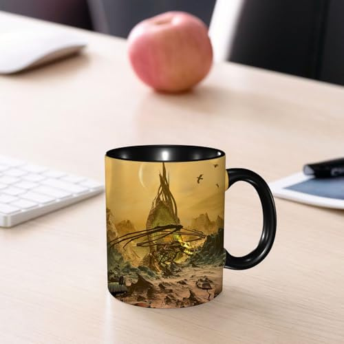 EMCLKS Tazze colazione,Durevole,Tazze Caffe e The 330ml,Idee Regalo Regali Natale,Mug per Lavastoviglie e Microonde,Ossa di drago e bestie giganti scheletriche sotto la cupola di nebbia gialla, fanta