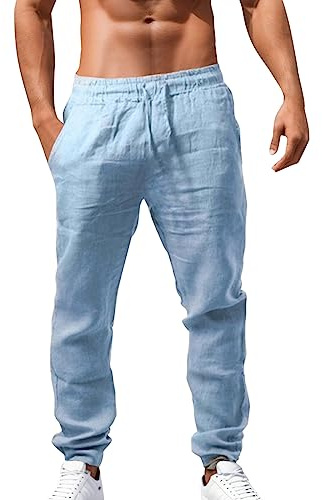 Generisch Pantalon d'été en lin pour homme - En coton - Coupe droite - Taille élastique - Pantalon long - Pantalon de plage - Pantalon de yoga - A14