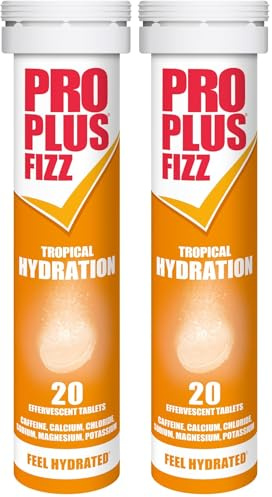Pro Plus Fizz Hydration - 20 Effervescent Tropical Flavour Electrolyte Tablets - Potassium, Sodium, Chloride, Calcium, Magnesium and Caffeine - Feel Hydrated (Pack of 2)