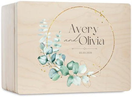 Pinus Hochzeitskiste Holz personalisierbar mit Schloss 20x15x10 cm | Kiefernholz, UV Druck Wunschtext Name Datum, Geldgeschenk Hochzeit, Karten Fotos Aufbewahrung, Erinnerungsbox Paar