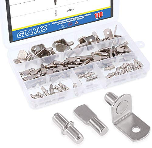 Glarks 110 clavijas de soporte de estante chapadas en níquel para gabinetes y muebles, 3 estilos, color plateado