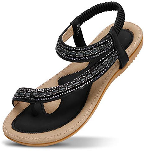 Zoerea Sandali Piatti da Donna da Estate Strass Fiore Bohemia Flip Flop Spiaggia Estivi Scarpe Casual Open Toe Tacco Piatto Stile 3 Nero,42 EU
