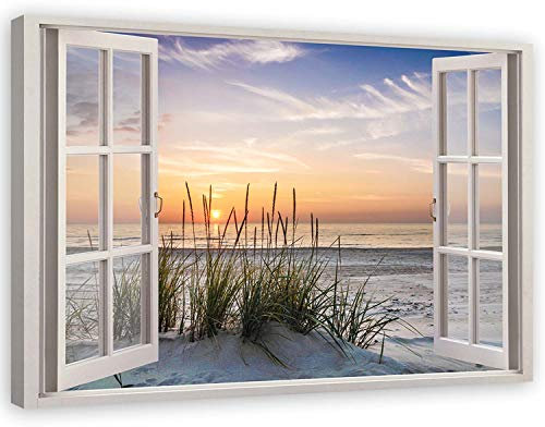 Feeby Bild auf Leinwand - Wandbilder Wohnzimmer Aesthetic - Fensterblick Meer Natur - 120x80 cm XXL 1tlg - Schlafzimmer Wandekoration - Bilder Zimmer - Living Room - Deko Wandbilder - Moderne Bild