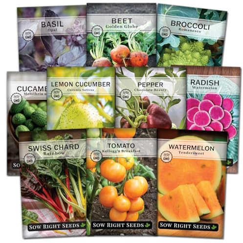 Sow Right Seeds - Rare Exotic Vegetable Seed Collection for Planting - Non-GMO Heirloom Beets, Broccoli, Cucamelon, Cucumber, Pepper, Basil, Radish, Watermelon, Tomato, and Swiss Chard to Plant