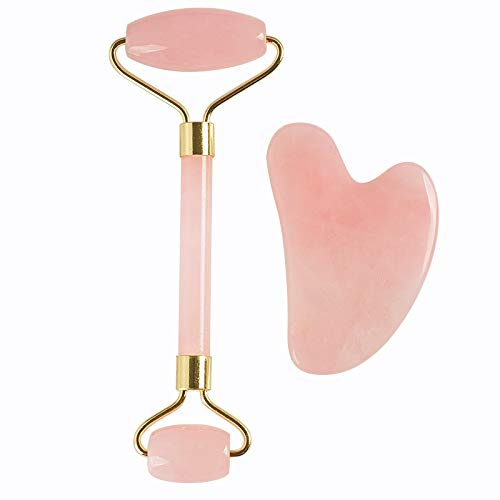 Jade Roller, Jade Face Roller, Jade Roller Massager, Jaderollers Facial with Gua Sha Set, 100% Natural Rose Quartz Jade for the Spa, Facial Massage, Anti-Ageing, Cold Therapy, Beauty, Slimming (Herz)