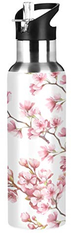 Mnsruu Bouteille d'eau de sport isotherme en acier inoxydable, motif fleurs de cerisier roses, 591 ml