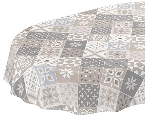 ANRO Tischdecke Wachstuch abwaschbar Wachstuchtischdecke Wachstischdecke Kacheloptik Fliese Beige Grau Blau Oval 180x140cm