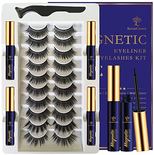 3D Magnetic Eyelashes with Eyeliner Kit - 7C SevenCrown Magnetic Lashes Natural Looking with Upgraded 4 Tubes of Liner Waterproof, Long Lasting,10 Pairs Reusable False Eyelashes Easy to Apply.