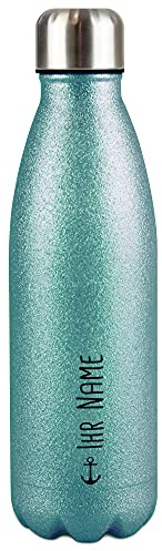 Glitzer-Trinkflasche aus Edelstahl selbst gestalten mit Name & Anker Symbol - Thermosflasche Glitzer, Wasserflasche BPA-frei für Reise, Schule und Sport I Personalisiertes Geschenk - Türkis 500 ml
