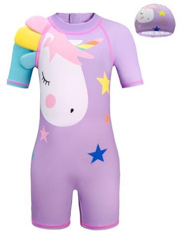 Moneric Girls UV Protection Swimsuit Short Sleeve Swimwear Beach Rash Guard Swimming Costume Sun Protection Bathing Suit with Cap Purple XXXL (7-8 Years)