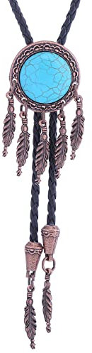 DELIGUO Herren-Bolo-Krawatte – Amerikanische Western-Cowboy-Feder-Stein-Anhänger-Krawatte, Männliche Und Weibliche Vintage-Handgefertigte Lederseil-Pullover-Ketten-Accessoires,Blau,Einheitsgröße