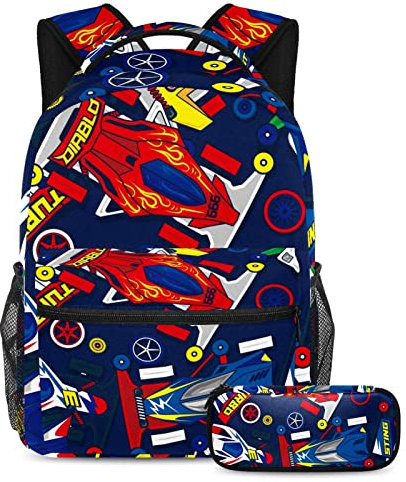 HANXIAODONG Backpack With Pencil Case School Bag Laptop Daypack Rucksack for Girl Boy Teen Mini 4WD Toys Car Pop Blue