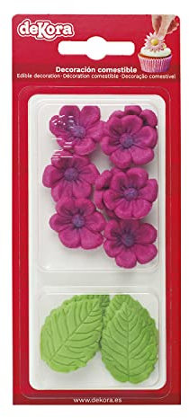 Dekora - Confezione da 8 Fiori Fucsia e 5 Foglie Verdi di Pasta di Zucchero - Cake Topper Commestibili - Decorazione per Torta di Compleanno in Pasta di Zucchero