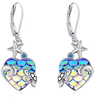 Mermaid Turtle Earrings Sterling Silver Mermaid Scale Starfish Wave Turtle Leverback Earrings Ocean Theme Sea Tortoise Dangle Earrings Fish Scale Jewelry Graduation Gifts for Women
