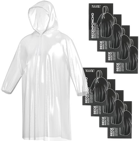 Vaily Einweg-Regenponchos 8er Pack Regenschutz - Transparentes Regencape mit Kapuze, ideal für Festival, Karneval, Camping und Fahrradfahren - Einheitspassform