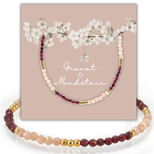 happymaker - Mondstein Armband mit Granat, Perlenarmband mit echten Edelsteinen und vergoldeter Edelstahl, handgefertigt, Geschenkverpackung, Heilsteine Armband