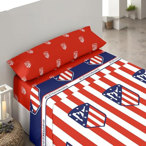 ASDITEX Juego de sábanas 3 Piezas Atlético de Madrid Cama 105 cm. (sábana 180x270 cm.- Bajera 105x200+28 cm. y Almohada 45x125 cm.)