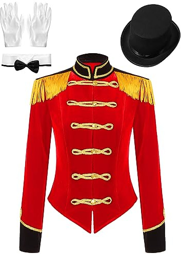 IEFIEL Disfraz Presentadora Circo Mujer Chaqueta de Domadora Ringmaster de Lujo con Sombrero y Pajarita y Guantes Disfraz de Cosplay Carnaval S-3XL D Rojo S