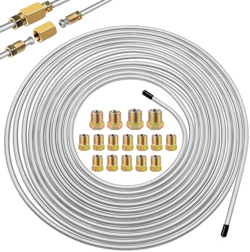 Eoppen 1/4Inch x 25 ft Brake Line Tubing Kit Flexible Zinc Coated Alloy Brake Line Tubing Coil with 16 Inverted Flare Fittings SAE Standard
