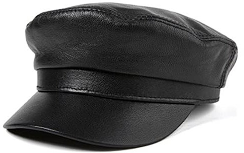 JOLIANE Mode Echtes Leder Hut Hi-GH Qu-Ality Flachkappe for Männer Frauen Armee Mili-Tary Hüte Herbst Winter Lederkappen - Schiebermützen(Noir,57-58cm)