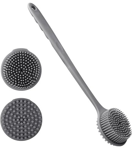 Silicone Body Scrubber with Long Handle, Double Sided Back Scrubber Shower Bath Wash Brush Exfoliating for Women Men Sensitive Skin Shower Spa Massage (Gray)