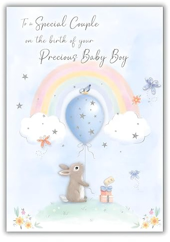 New Baby Boy Birth Congratulations Card - To a Special Couple - Cute Artistic Rabbit and Rainbow Design - Made in the UK - Eco-Friendly