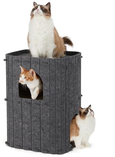 FUKUMARU Katzenhöhle,Stabile Katzenhöhle aus hochwertigem Filz，Katzenhaus Indoor 3 Schicht Katzenbett ，Katzen Höhle zum Schlafen, Spielen und Verstecken，Filzhöhle dunkelgrau，45 x 37 x 60cm，Groß