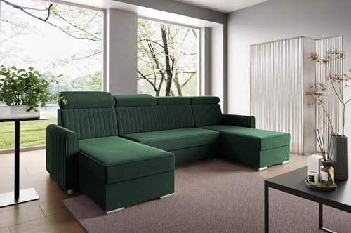 LIKMA Flaschengrün Ecksofa Neli U-Form 274x162 cm mit Schlaffunktion (254x125 cm) Eckcouch mit Bettkasten und Verstellbare Kopfstützen Wohnlandschaft Bettsofa mit 2X Stauraum Polstermöbel Sofa