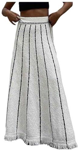 KBOPLEMQ Gonna a righe da donna a spacco maxi gonna con frange, elasticizzata, casual, a maglia, a vita alta, linea ad A, gonna lunga, elegante a coste, per il tempo libero, O bianco., S