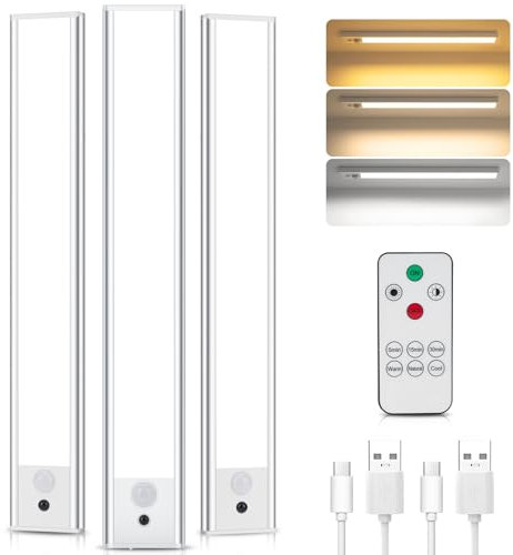 Schrankbeleuchtung 3 Stück Fernsteuerung Unterbauleuchte Küche LED 31CM, Dimmbar Helligkeit 3 Farbtemperaturen Led Lampe, Bewegungsmelder Licht für Treppenbeleuchtung, Vitrine, Küche (3 Stück 31CM)