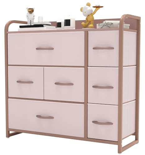 YITAHOME Kommode,Kommode mit 7 Schubladen,Schrank,Stoffschubladen mit Griffen,Metallgestell,Dauerhaft,Rosa