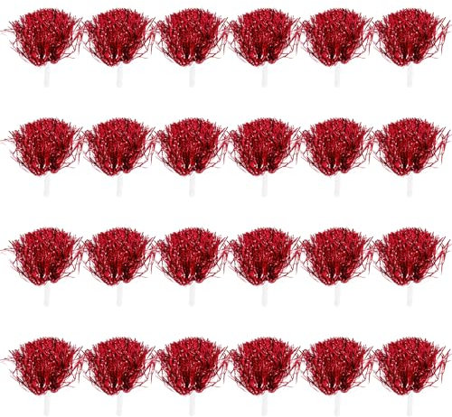 Asuinxurr 24 StüCk Cheerleading Pom Poms Metallfolie Cheer Pom Poms mit Kunststoffgriff für Erwachsene Kinder Cheerleader Rot