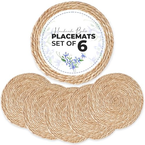 Handmade Boho Placemats Set of 6, Natural Cotton Burlap and Water Straw Woven, Macrame Decor, Farmhouse Style | Rustic Boho Braided Wicker Table Mats