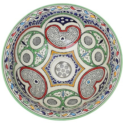 Moroccan Sink Washbasin Ceramic Handmade Wash Basin Hand Painted Multicoloured Round Free Waste Included (SW148) (Diameter 30 cm / 11.8 Inches)