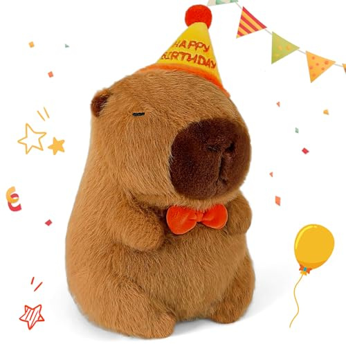 LHOEST Stuffed Capybara Plush toy 25CM Teddy Capybara Gifts for Girls Boys | with Birthday Hat Plush Pillow Capybara Toy Figure Stuffed Animals Simulation Doll Cute Kawaii Birthday Gifts Christmas Decor
