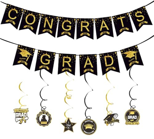 Abschlussdekorationen,Abschluss Deko Set,Bachelor Deko,Glückwunsch Abschlussbanner, Buchstabenfahnen, Pull Blumen Wimpelgirlande, Spiraldekoration, schwarzes Gold Graduierung Accessoire Deko Set