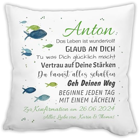 Unikatolo Kissen mit Name zur Konfirmation GRÜN personalisiertes Geschenk für Kinder, Taufe Kommunion Firmung Geburtstag, Glaub an Dich, Kinderzimmerdeko Namenskissen - Positive Sprüche und Wünsche
