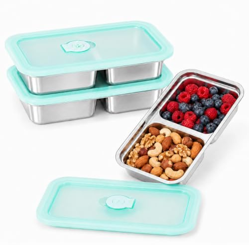 CIGAA Stainless Steel Snack Containers, 2 Pack Grab and Go Snack Containers Reusable, Double Compartment Food Storage Containers with Lids for Travel and Outdoor Camping