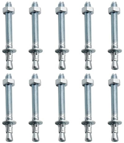 Bulloni di Espansione M10 x 90 mm, 12 Pcs Ancoraggi a Cuneo Zincati, Bulloni a Vite di Espansione Esagonale, Tassello Passante, Tasselli per Cemento Armato per Cemento Armato, Calcestruzzo e Pietra