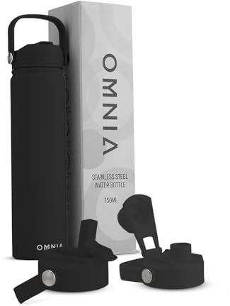 OMNIA Vacuum Insulated Stainless Steel Water Bottle, 2 Lids (Straw & Spout) Leakproof, BPA-Free, Reusable Flask, Hot & Cold Thermos for Sports, Gym, Travel, Outdoors (Black, 750ML)