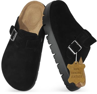Genuine Leather Chunky Big Buckle Platform Benton Clogs for Women Memory Foam Arch Support Cork Footbed Potato Shoes Mules Black