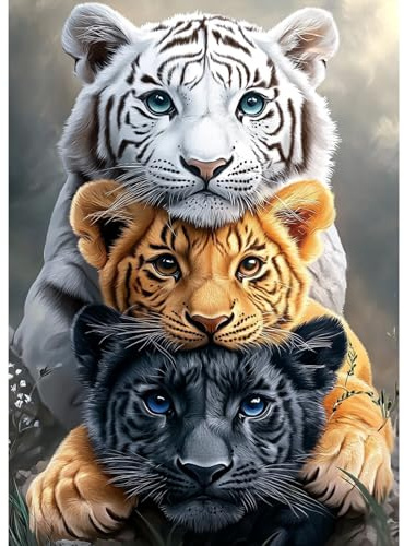MAXBYE Diamond Painting Kits Tier Erwachsene, Diamond Art Komplett Set DIY Drei Tiger Diamant Bilder Anfänger, Runde Diamant Bilder Kristall Kreuzstich Für Wohn- & Schlafzimmer Decor Geschenk 30x40cm