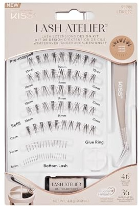 KISS Lash Atelier Kit d'extensions de cils artificiels professionnels avec 46 extensions de cils individuels et 36 cils individuels Tenue jusqu'à 7 jours Avec applicateur de colle