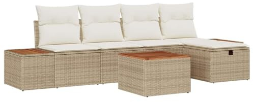 vidaXL 6-teiliges Garten-Sofa-Set mit Kissen in Beige aus Poly-Rattan. Langlebige Outdoor-Sitzgelegenheit für 5 Personen. Leicht zu reinigen, abnehmbar und verstellbar – modulares Möbelstück.
