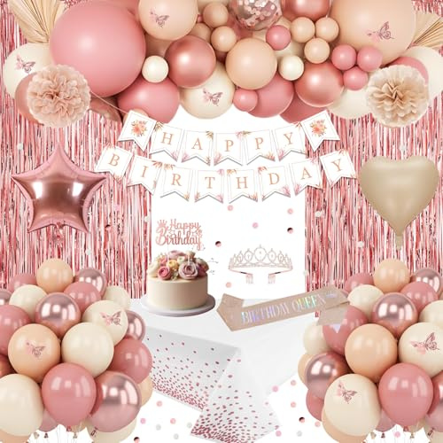 Retro Blush Pink Birthday Party Decorations, Boho Happy Birthday Banner, Dusty Pink Rose Gold White Sand Nude Balloons, Sash, Crown, Butterfly, Fringe Curtain, Tablecloth for Women Girls Princess