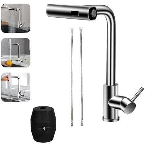 Rubinetto Cucina con Doccetta Estraibile,Rubinetto estraibile per lavello girevole a 360°, Tre Modalità di Getto d'Acqua, Acciaio Inossidabile, Fontana Lavello Cucina, Risparmio Idrico, Spazzolata