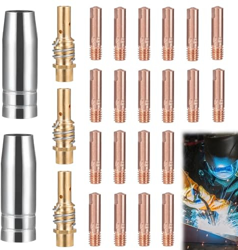 Viitech 25 Stück Verschleißteile Set, Schutzgasschweißgerät Zubehör mit 20 Stromdüse M6 0,8mm, 2 Gasdüse Konisch Steckbar, 3 Düsenstock mit Haltefeder Schweißbrenner Ersatzteile für MB15AK MIG MAG