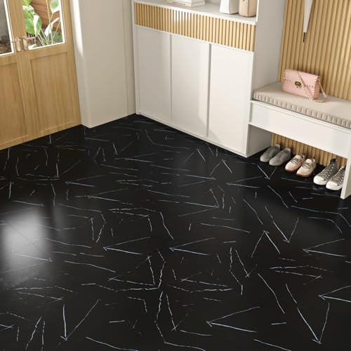 ReWallpaper 15 Pack Black Stick On Floor Tiles Marble Thick Laminate Vinyl Flooring Tiles for Kitchen Laundry Waterproof 30cmx30cm Peel and Stick Flooring Marble Black for Bedroom Entrance Hall