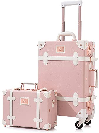 Unitravel Vintage Koffer Set 2 Teilig, Retro PU-Leder Handgepäck Koffer mit Kosmetikkoffer, Geprägtes Rosa, S+M